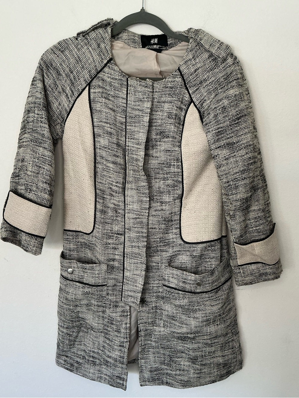 H&M Black & White Tweed Contrast Trim Longline Coat Jacket Size 4